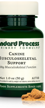 A bottle of Canine Musculoskeletal Support, a powder supplement for dogs’ muscles, ligaments and bone health, next to an image of the powder supplement.