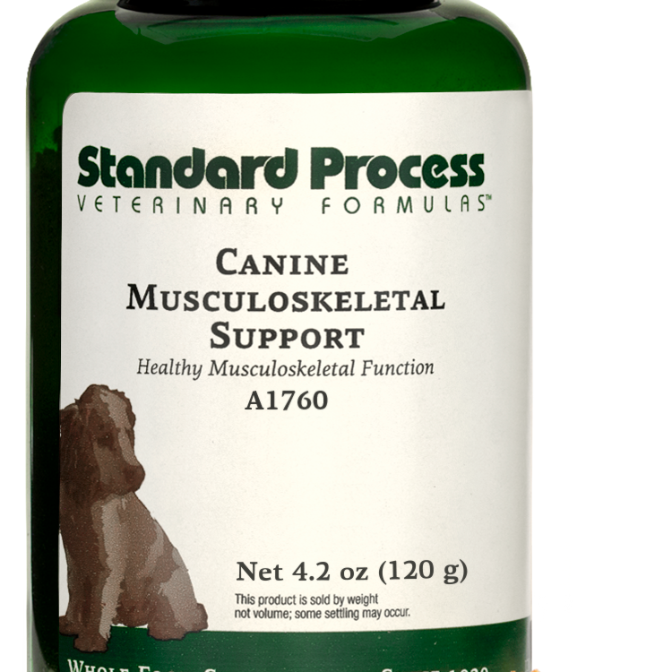 A bottle of Canine Musculoskeletal Support, a powder supplement for dogs’ muscles, ligaments and bone health, next to an image of the powder supplement.