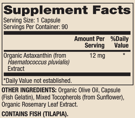 Organic Astaxanthin 12 mg 90 Capsules Supplement Facts