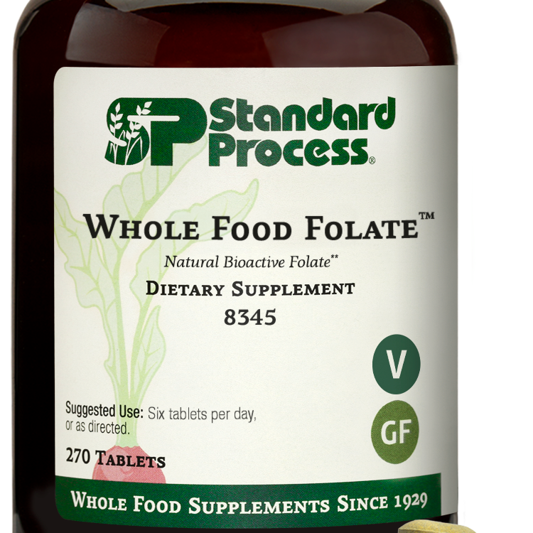 An image of a bottle of Whole Food Folate, next to 6 tablets. 