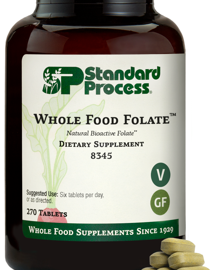 An image of a bottle of Whole Food Folate, next to 6 tablets. 