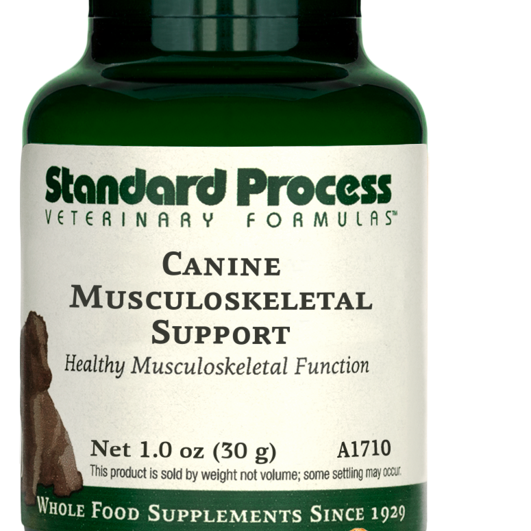 A bottle of Canine Musculoskeletal Support, a powder supplement for dogs’ muscles, ligaments and bone health, next to an image of the powder supplement.