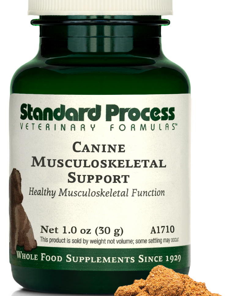 A bottle of Canine Musculoskeletal Support, a powder supplement for dogs’ muscles, ligaments and bone health, next to an image of the powder supplement.