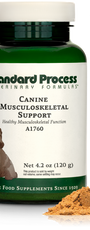 A bottle of Canine Musculoskeletal Support, a powder supplement for dogs’ muscles, ligaments and bone health, next to an image of the powder supplement.