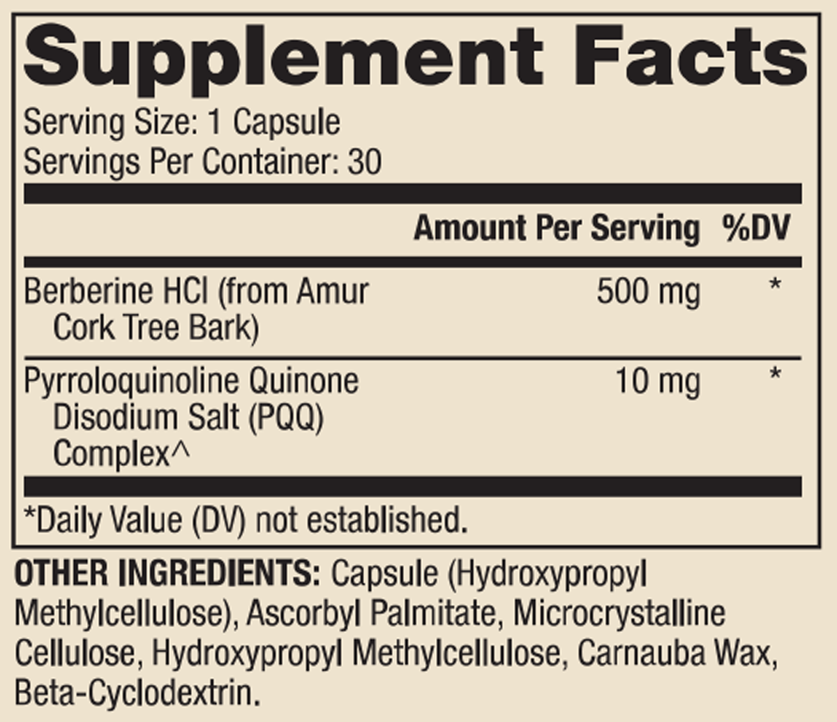 Berberine with MicroPQQ Advanced 30 Capsules Supplement Facts