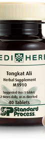 A bottle of MediHerb® Tongkat Ali, a testosterone support supplement for older men, next to a tablet of the supplement.