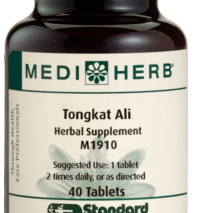 A bottle of MediHerb® Tongkat Ali, a testosterone support supplement for older men, next to a tablet of the supplement.