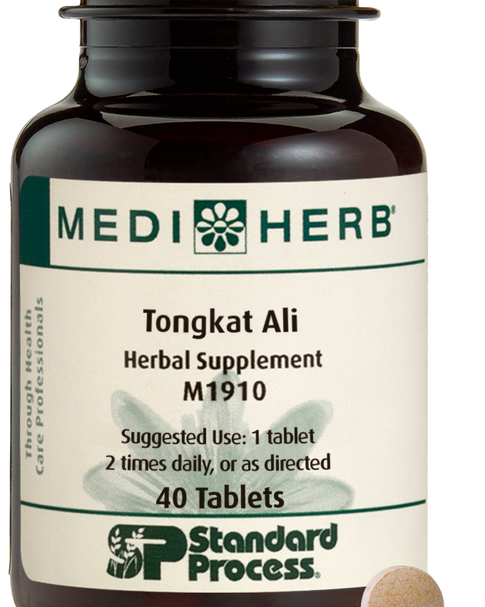 A bottle of MediHerb® Tongkat Ali, a testosterone support supplement for older men, next to a tablet of the supplement.