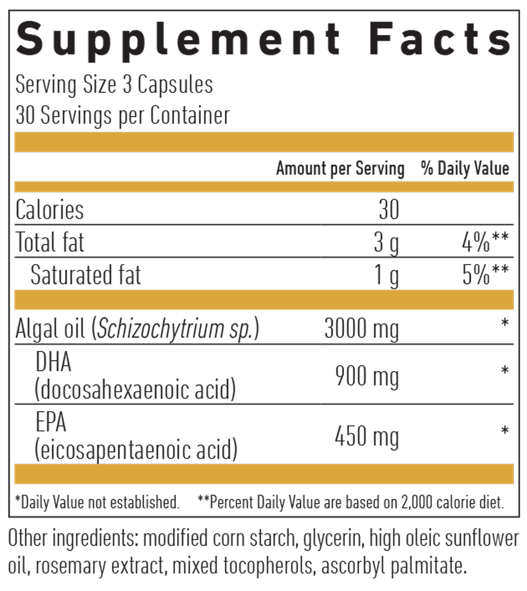 Omega 3 Vegan DHA & EPA 450 GOLD 90 Capsules Supplement Facts