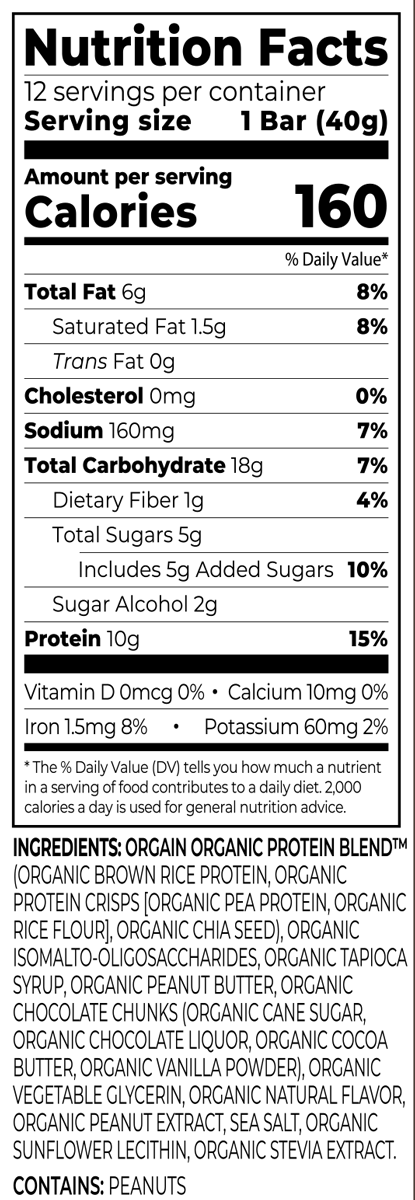 Organic Protein Snack Bar Peanut Butter Chocolate Chunk 12 Bars Supplement Facts