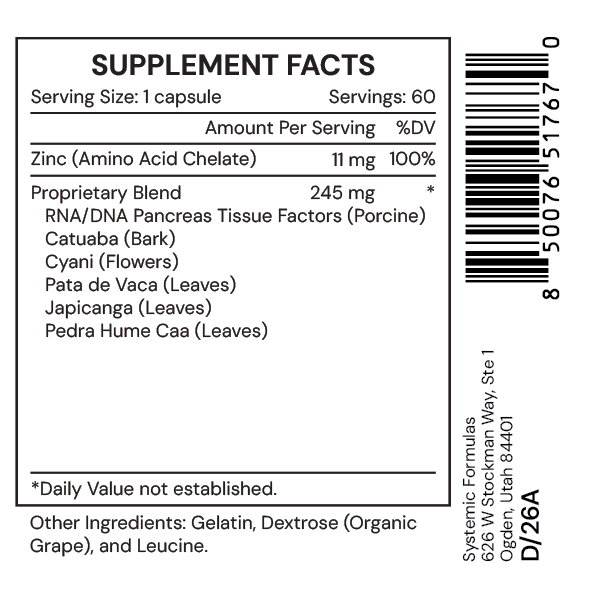 Systemic Formulas P – Pancreas – Comprehensive Pancreas Tissue & Function Support | 60 Capsules