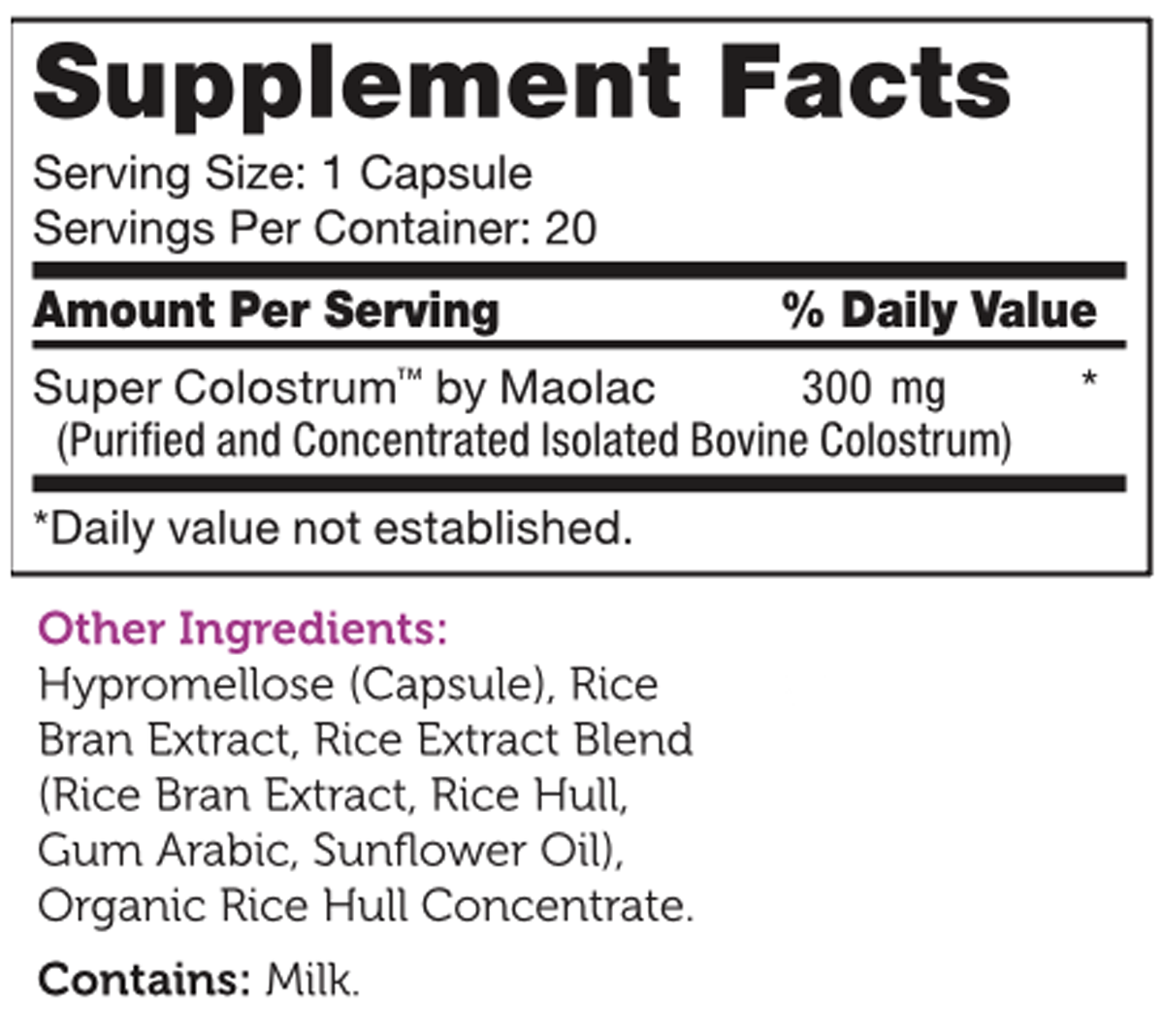Super Colostrum 20 Capsules Supplement Facts