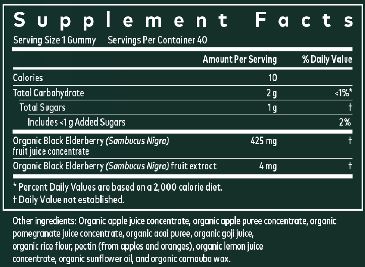 GaiaKids Black Elderberry Kids Daily Gummies 40 Gummies Supplement Facts