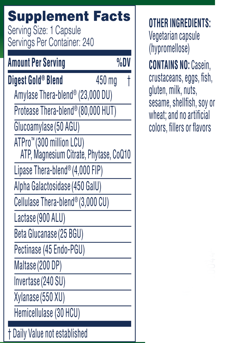 Digest Gold 240 Capsules Supplement Facts